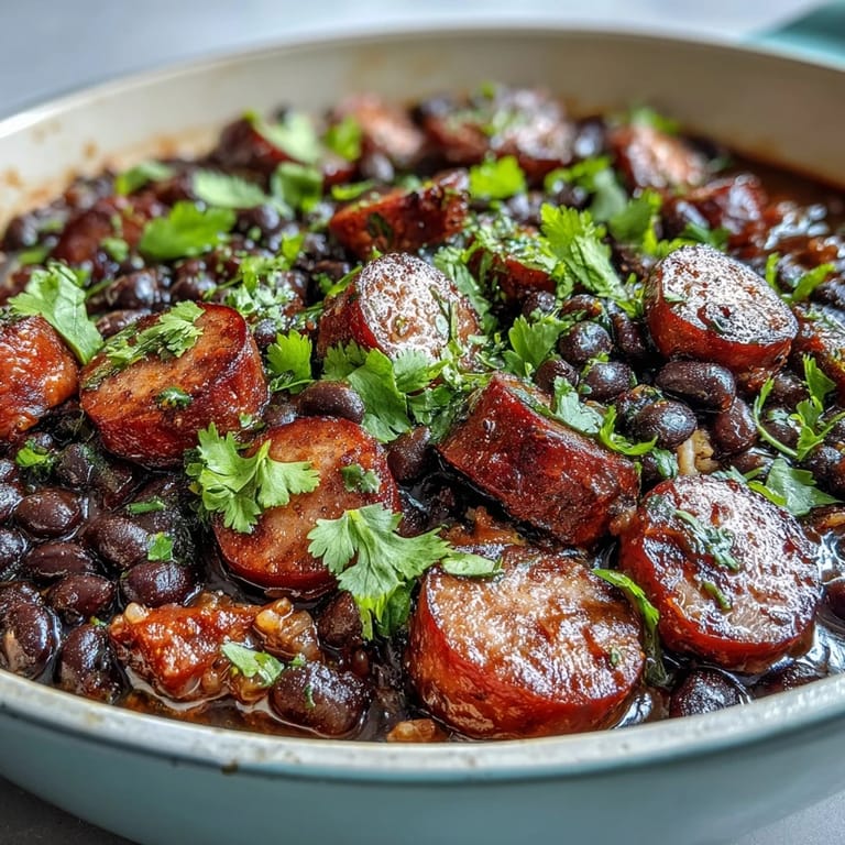 A rustic cast-iron skillet holds the finished Black Beans, Sausage, and Rice Skillet, ready for a busy weeknight family dinner.