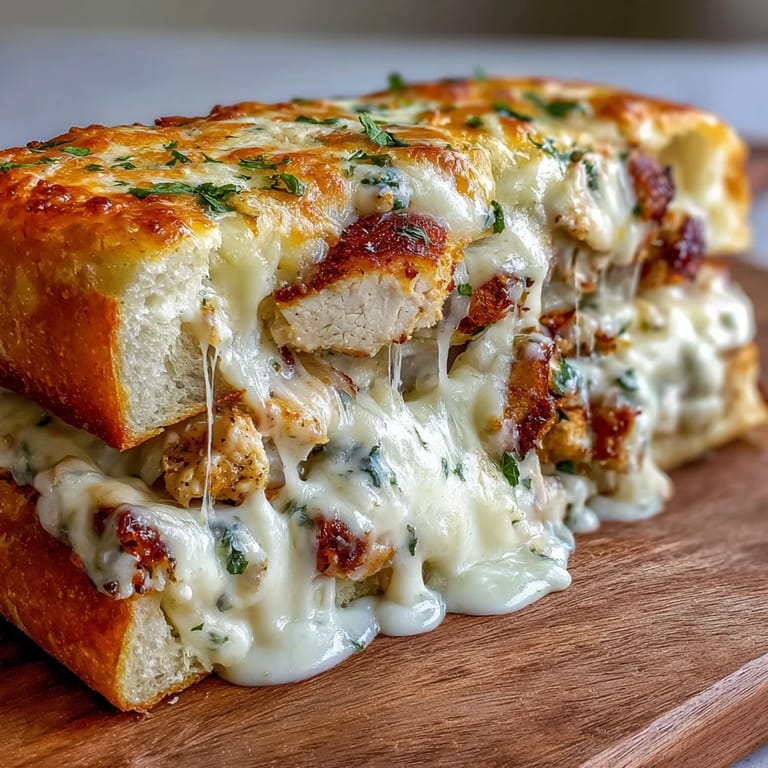 Freshly baked Chicken Alfredo Garlic Bread served warm with extra creamy Alfredo sauce for dipping.