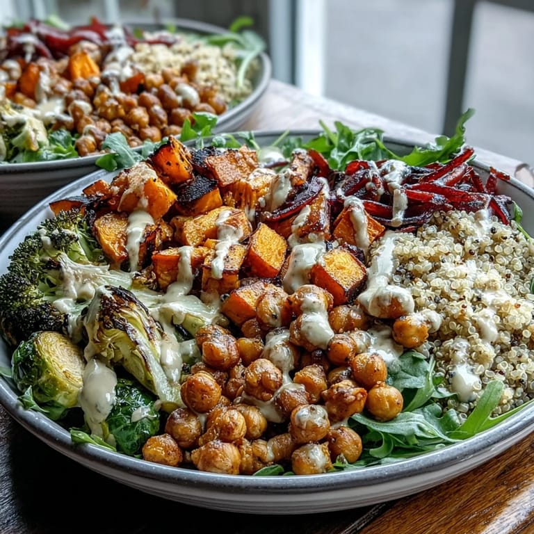Perfectly caramelized roasted veggies and chickpeas in a savory bowl for an easy weeknight dinner.