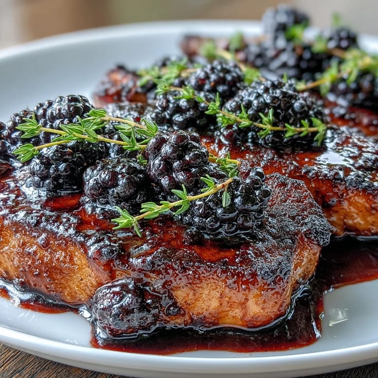 Plated Bourbon Blackberry Pork Chops served with roasted sweet potatoes and fresh blackberries, ready to eat.