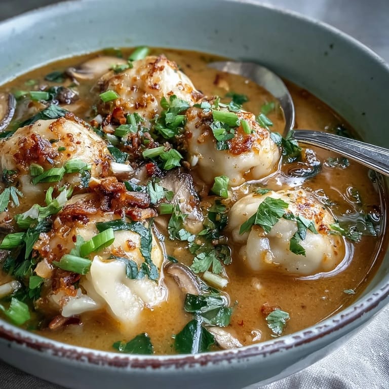 A spoon lifts tender vegan dumplings from the vibrant Quick Coconut Curry Soup next to crunchy garlic topping.