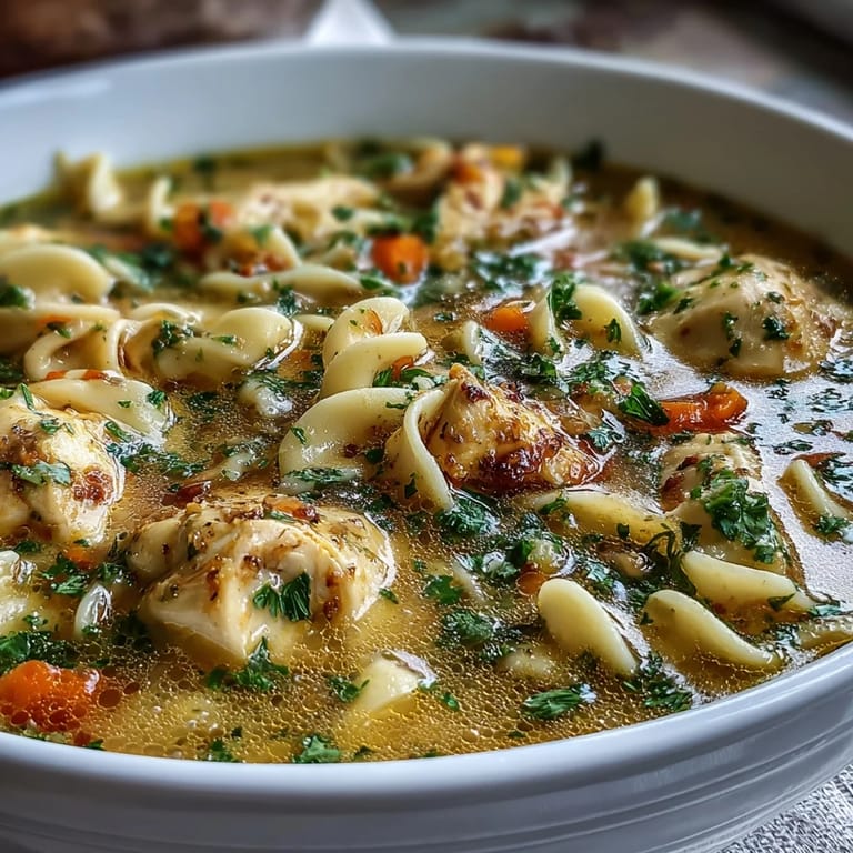 Creamy Coconut Ginger Turmeric Chicken Soup featuring tender chicken pieces, vibrant turmeric hues, and diced carrots in a ladle.