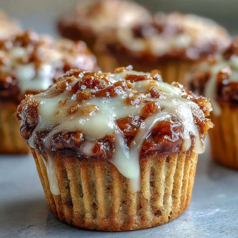 Golden brown Caramel Cream Cheese Swirl Muffins with a moist banana crumb and a rich marbled cream cheese center.