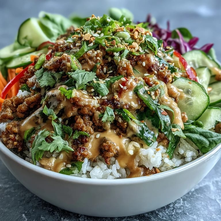 A vibrant bowl of Spicy Bang Bang Turkey Rice Bowls featuring creamy sauce and scallions. 