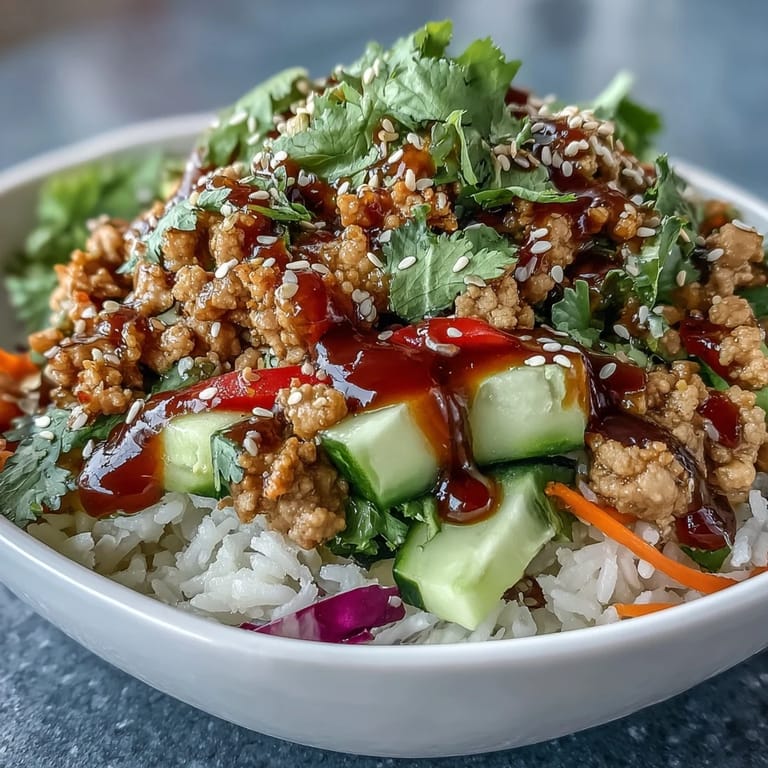 Close-up of ground turkey and fluffy rice for Spicy Bang Bang Turkey Rice Bowls.