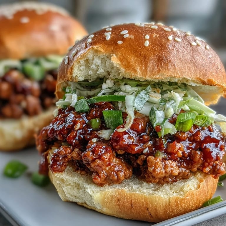 Ground turkey simmered in a rich gochujang sauce is piled high on soft buns, ready to be eaten with pickled veggies.