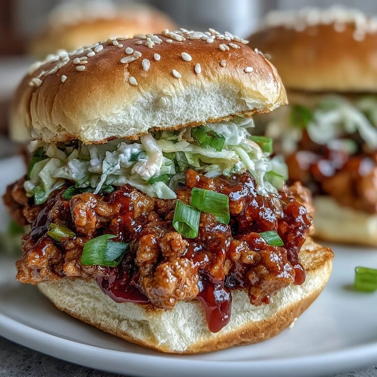 Colorful Korean Turkey Sloppy Joe Sliders feature a generous scoop of tangy slaw and sesame seeds on toasted buns.
