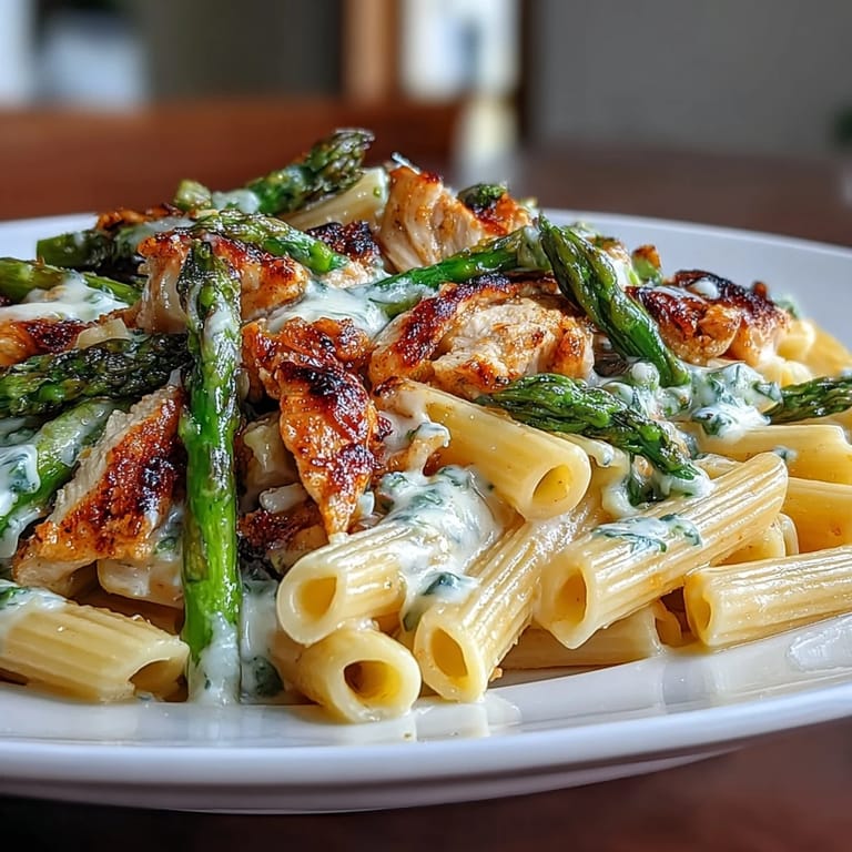 A skillet of steaming Crispy Parmesan Asparagus Chicken Pasta showcases golden-brown chicken, crisp asparagus, and a velvety Parmesan cream sauce.
