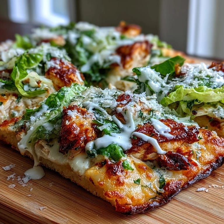 Crispy garlic naan topped with Caesar chicken, parmesan, and drizzled with dressing.