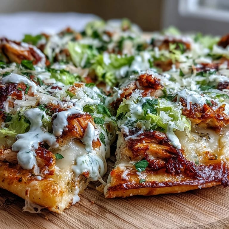 Freshly baked fusion pizza with shredded chicken, creamy cheese, and crisp lettuce on naan.