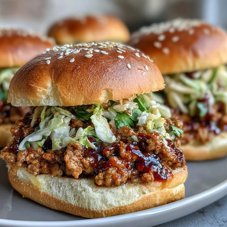 Sweet and spicy ground turkey fills these Korean Turkey Sloppy Joe Sliders, garnished with sesame seeds on toasted buns. 
