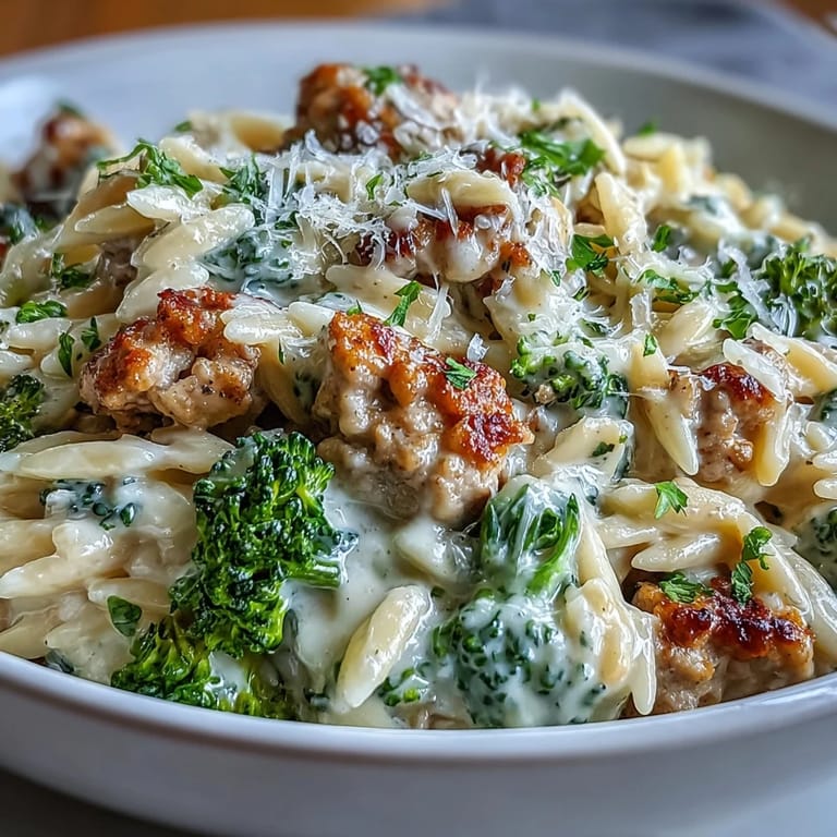 Steaming, saucy Creamy Garlic Turkey & Broccoli Orzo with tender broccoli florets in a creamy garlic sauce.