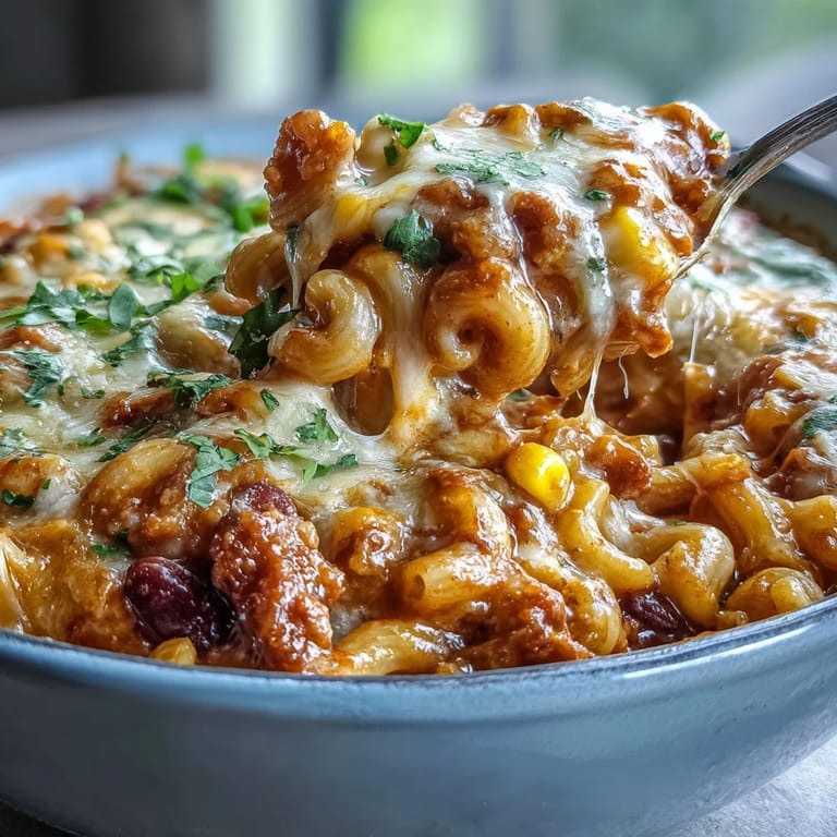 Close-up of One-Pot Tex-Mex Chili Mac with Corn in a rustic pot, featuring tender macaroni, black beans, and colorful vegetables.