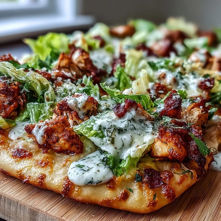 Two warm Garlic Naan Chicken Caesar Pizzas sliced on a wooden board with Caesar dressing drizzle.