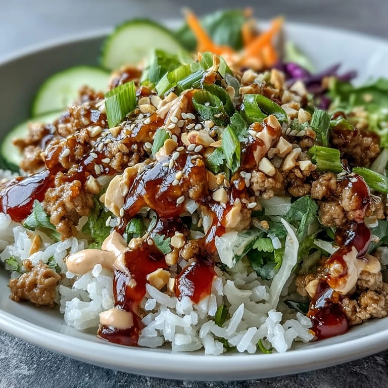 Vibrant serving of Spicy Bang Bang Turkey Rice Bowls with fluffy rice, carrots, cucumber, and purple cabbage for color.  