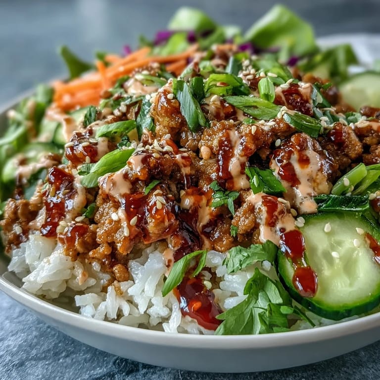 Healthy Spicy Bang Bang Turkey Rice Bowls garnished with sesame seeds and cilantro, ready for a quick weeknight dinner.
