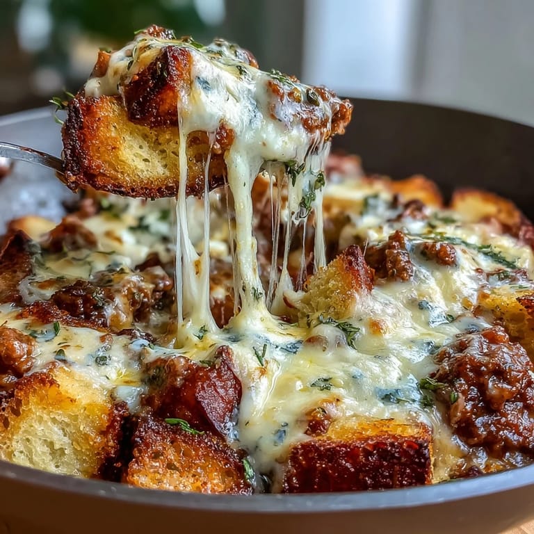 Fresh basil garnishes a steaming slice of the Cheesy Garlic Bread Lasagna Skillet, served with a crisp green salad on a rustic table for a hearty family meal.
