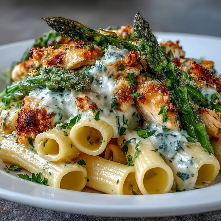 Fork-ready Crispy Parmesan Asparagus Chicken Pasta topped with fresh parsley and extra Parmesan.