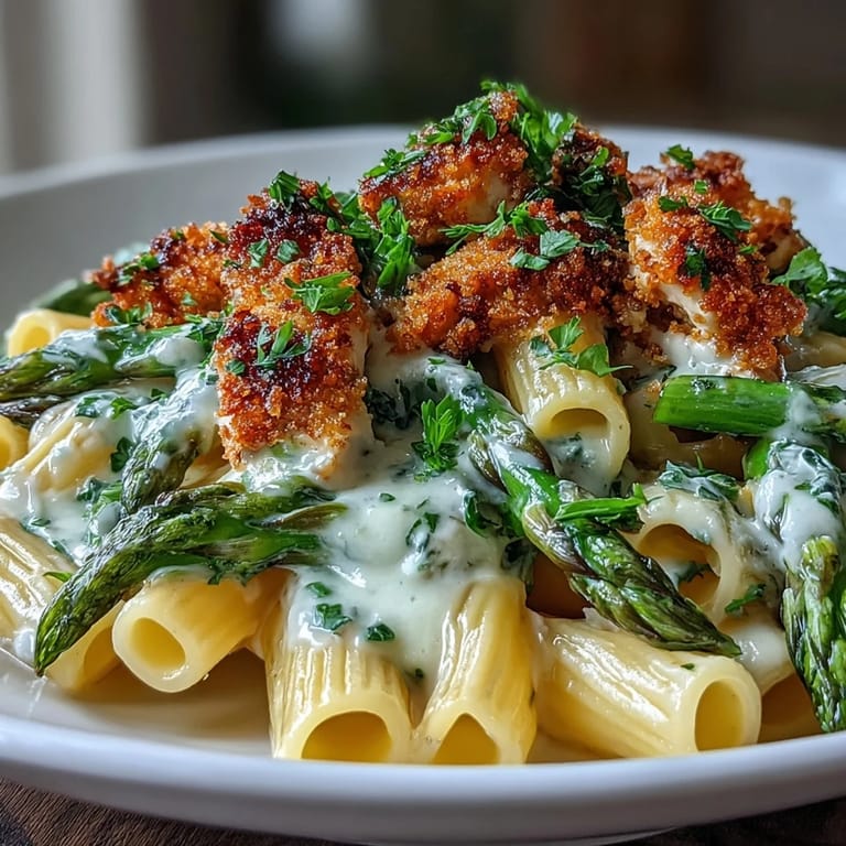 Skillet of Crispy Parmesan Asparagus Chicken Pasta with tender chicken and bright lemon cream.