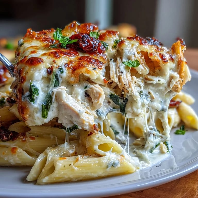 A close-up of Greek Yogurt Chicken Alfredo Bake in a white dish, showing melted mozzarella and golden browned cheese on top.