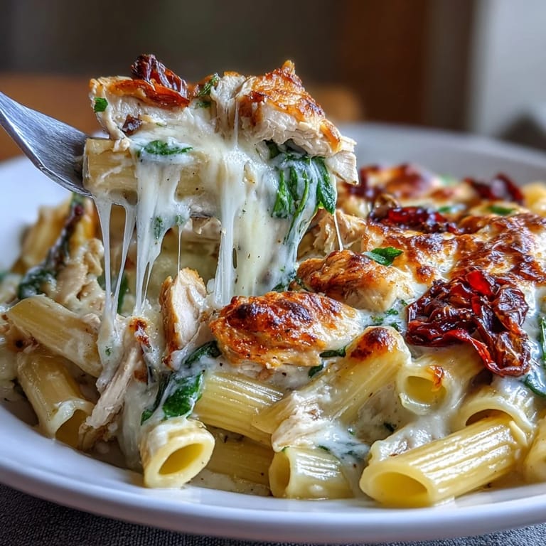 Steam rises from a slice of Greek Yogurt Chicken Alfredo Bake revealing creamy sauce with shredded chicken and spinach inside.