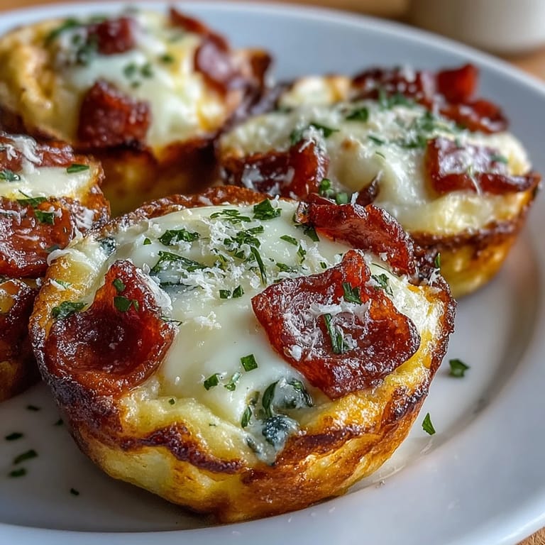 Savory High-Protein Pepperoni Breakfast Cups served on a white plate, garnished with fresh basil and a side of warm marinara sauce for dipping.