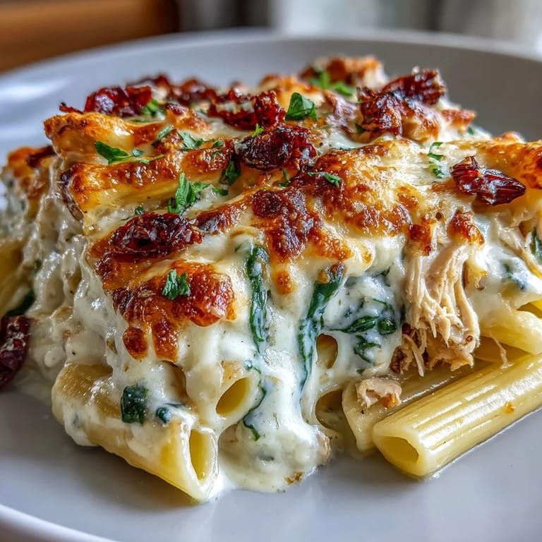 Steam rises from a slice of Greek Yogurt Chicken Alfredo Bake revealing creamy sauce with shredded chicken and spinach inside.