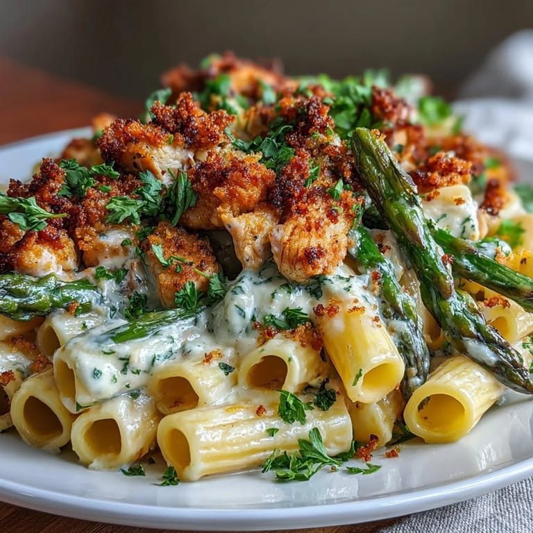 Fork-ready Crispy Parmesan Asparagus Chicken Pasta topped with fresh parsley and extra Parmesan.