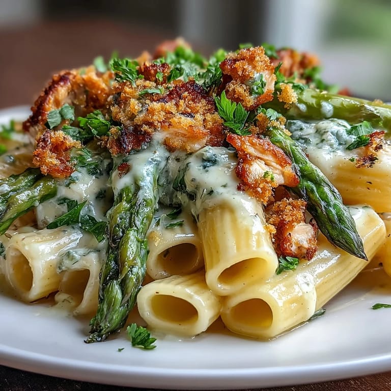 Skillet of Crispy Parmesan Asparagus Chicken Pasta with tender chicken and bright lemon cream.