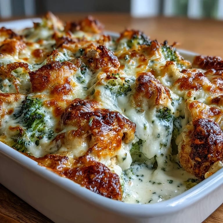 Creamy Keto Cheesy Broccoli Chicken Bake featuring juicy shredded chicken, steamed broccoli florets, and a rich melted cheese topping.