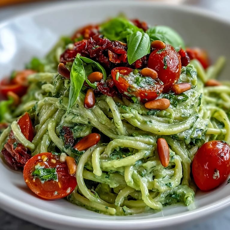 Silky vegan avocado-lime pasta dish featuring al dente noodles, juicy cherry tomatoes, and a zesty herb-infused sauce—perfect for a light dinner.  