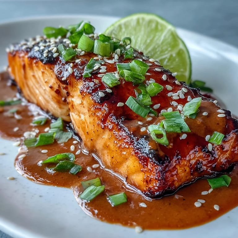 Juicy oven-baked salmon glazed with bold Bang Bang sauce, served with fresh lime wedges for zesty flavor.  