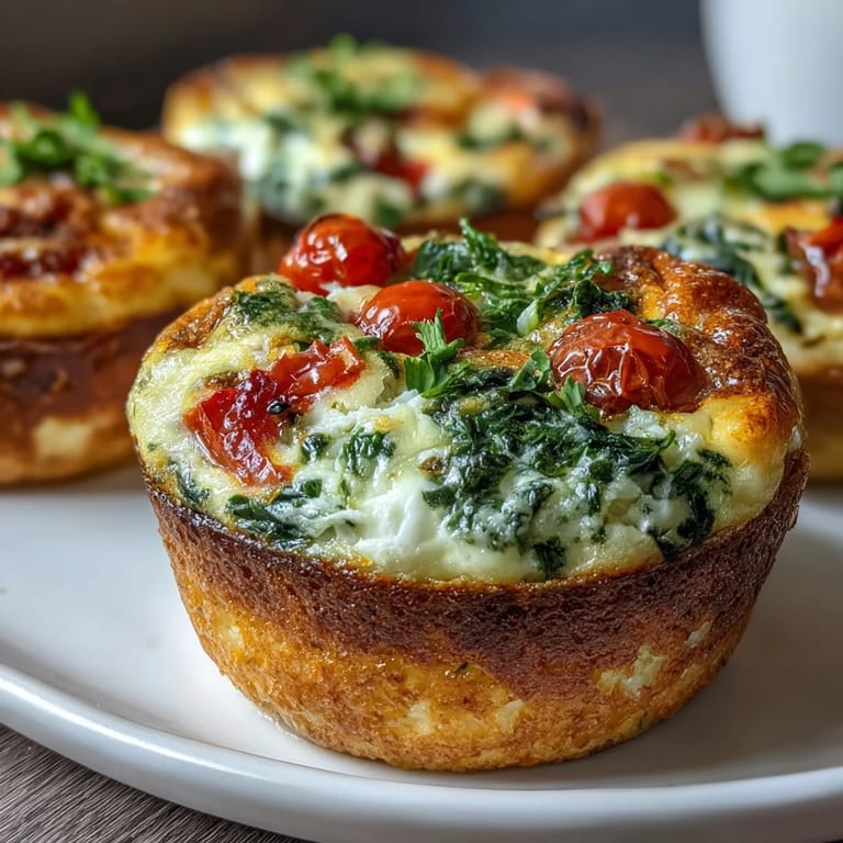 Golden-baked egg muffin cups packed with protein-rich eggs, fresh spinach, and colorful cherry tomatoes, ideal for busy days.
