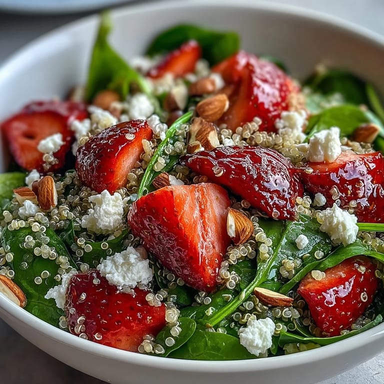 This vibrant quinoa salad combines sweet strawberries, baby spinach, and crunchy almonds, all tossed in a homemade balsamic dressing for a refreshing summer dish.
