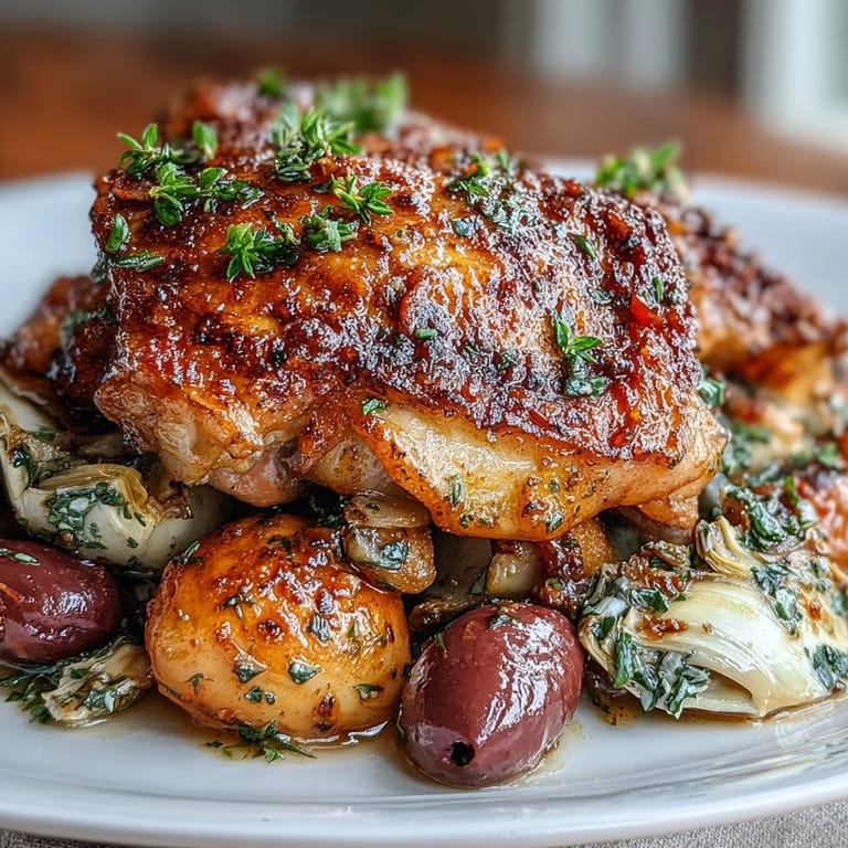 Juicy bone-in chicken thighs roasted with briny Kalamata olives, tender artichoke hearts, and cherry tomatoes for a Mediterranean-inspired dinner.