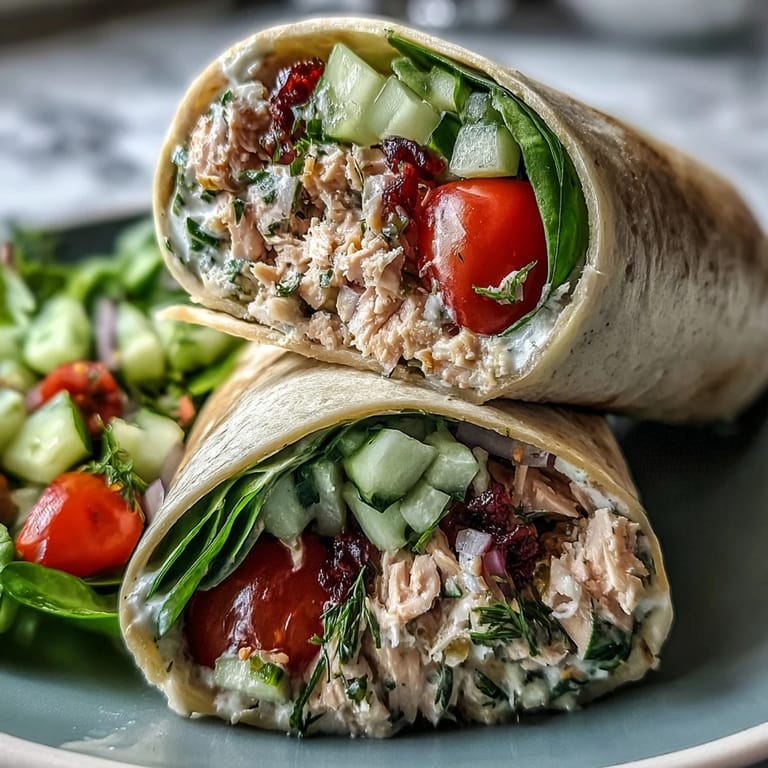 Protein-packed tuna and white bean no-mayo wraps filled with crunchy cucumbers, cherry tomatoes, and baby spinach for a light, nutritious meal.  