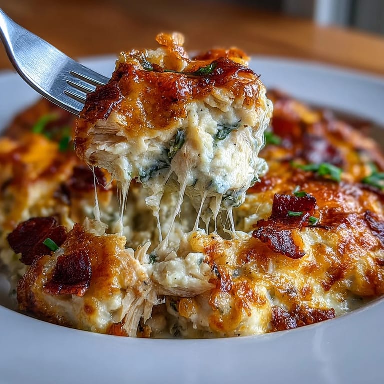 This cheesy cauliflower rice casserole is packed with smoky bacon, diced jalapeños, and shredded chicken for a comforting keto-friendly meal.