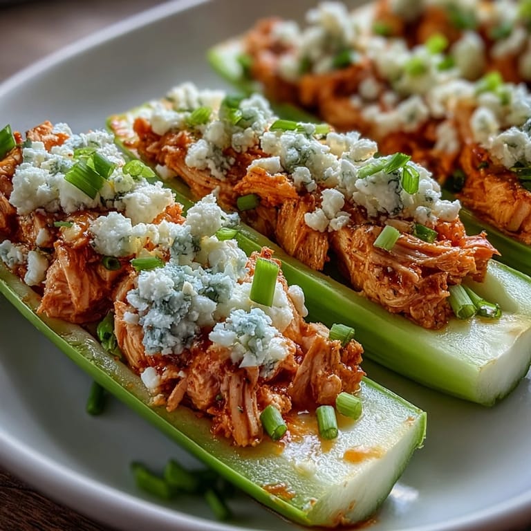 Fresh celery loaded with bold buffalo chicken and sprinkled with sharp blue cheese crumbles, an easy and flavorful keto appetizer.