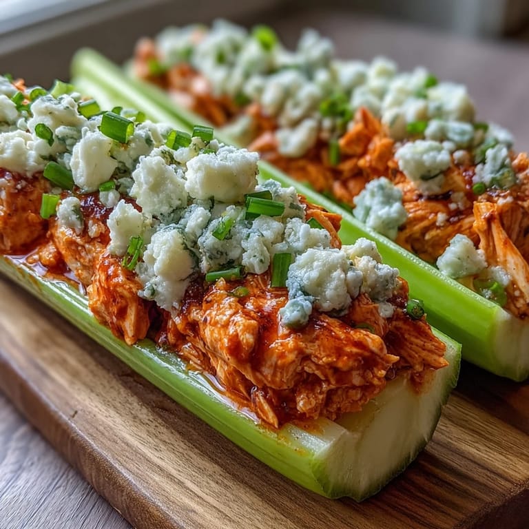 Vibrant celery stalks filled with creamy buffalo chicken and garnished with rich blue cheese, a zesty low-carb snack for any gathering.