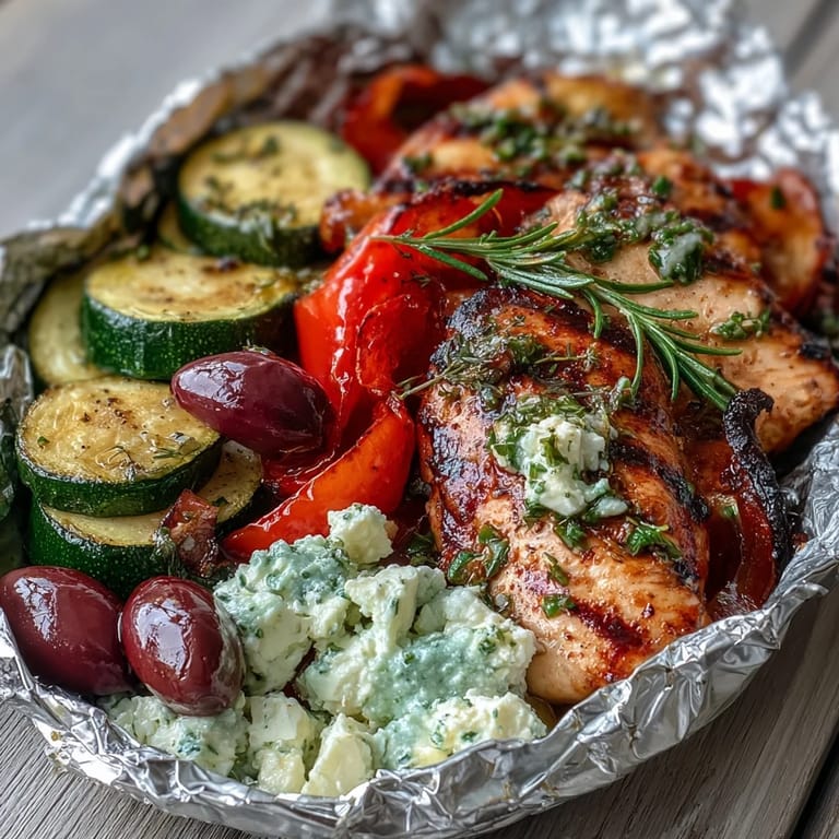 Tender chicken and fresh vegetables wrapped in foil with lemon and oregano for easy grilling.