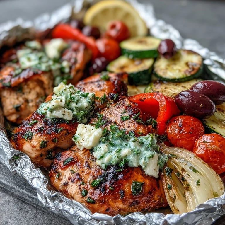 Juicy chicken breasts baked with zucchini, bell peppers, and Kalamata olives in zesty Greek marinade.