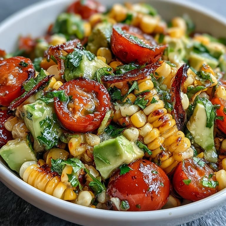 Vibrant bowl of corn, tomato, and avocado salad drizzled with lime vinaigrette, bursting with color and fresh flavors.