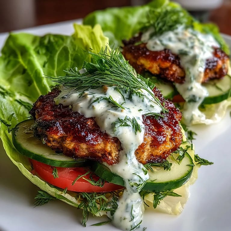Juicy turkey burgers nestled in fresh lettuce leaves and topped with a rich, homemade avocado ranch dressing for a satisfying low-carb meal.