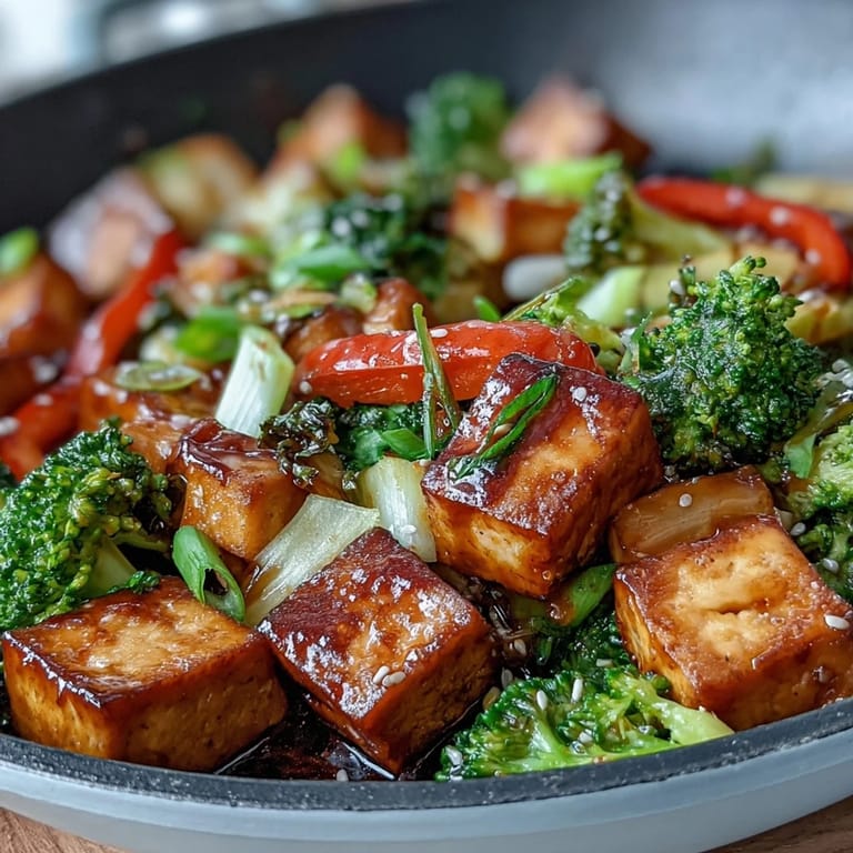 Vibrant vegan teriyaki tofu stir-fry with tender vegetables and aromatic ginger-soy glaze, baked to perfection on a sheet pan for easy cleanup.