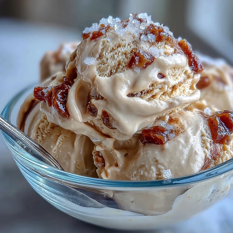 Creamy tahini and date ice cream served in a chilled bowl, garnished with flaky salt for a perfect balance of sweet and savory flavors.