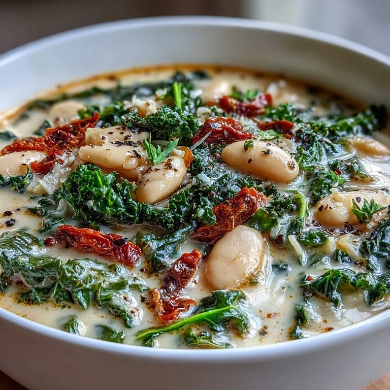 Hearty Tuscan white bean soup featuring silky cashew cream, tender kale, and aromatic herbs, served steaming hot.