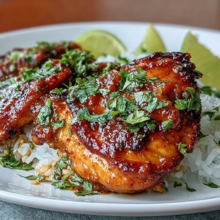 Juicy yogurt-marinated chicken thighs baked in a vibrant curry sauce with ginger, turmeric, and coconut milk, served with fluffy rice.  