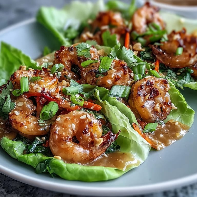 Light and refreshing shrimp lettuce wraps featuring tender shrimp, julienned vegetables, and a rich peanut sauce, garnished with fresh cilantro and lime wedges.