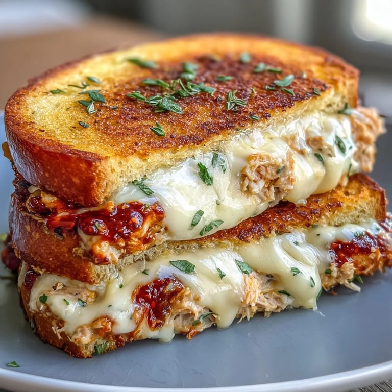 Warm spicy tuna melt featuring Calabrian chili oil drizzle over golden, cheesy sourdough bread.