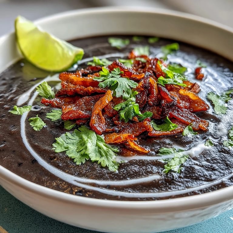 Creamy black bean soup garnished with crispy bacon and refreshing lime crema, ideal for cozy evenings and bold flavors.